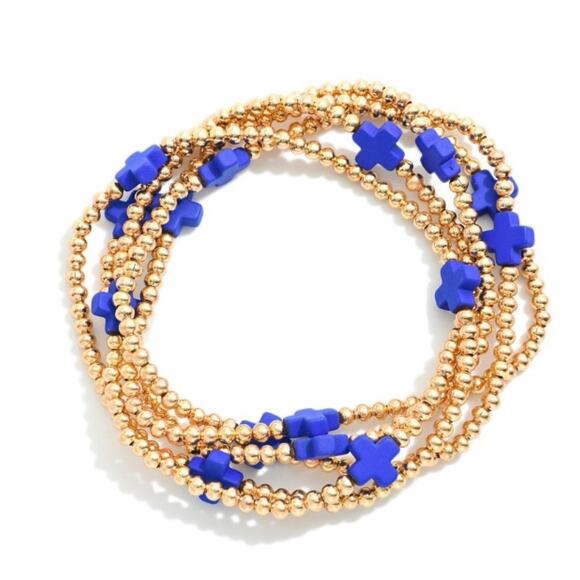 RETAIL $30 Set of 5 Gold Tone Criss Cross Purple Beaded Bracelets* - Picture 1 of 1